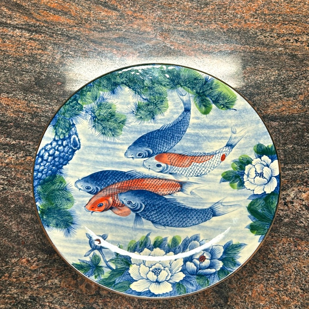 Japanese Hand Painted Porcelain Koi Fish Lotus Flower PIate